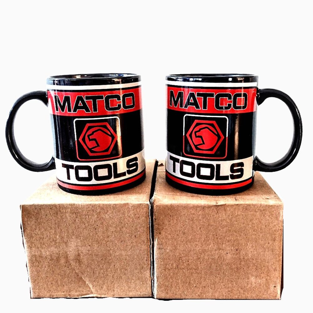 MATCO Tools ~ Set 2 Ceramic Mugs ~ Black w/Orange-Red & White Design ~ NEW w/Box